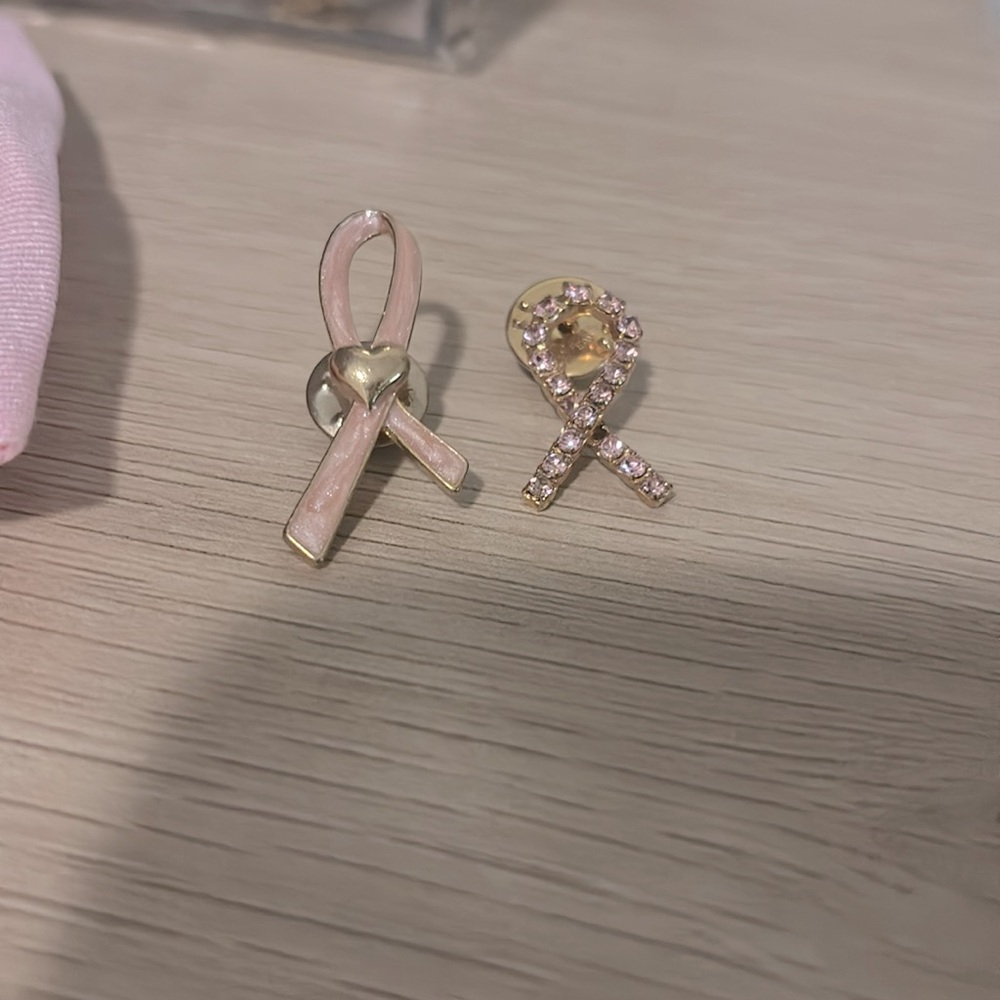 Pink & Gold Ribbon Heart & Rhinestone Brooch Pins